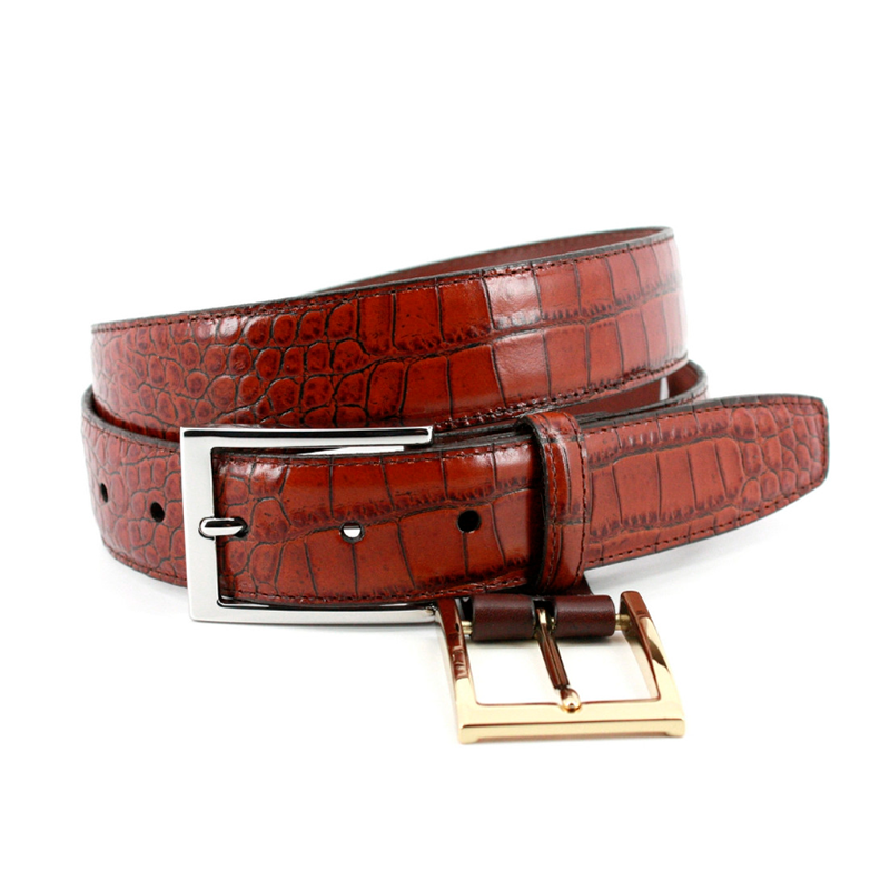Big & Tall Faux Alligator Grain Embossed Calfskin Dress Belt in Cognac