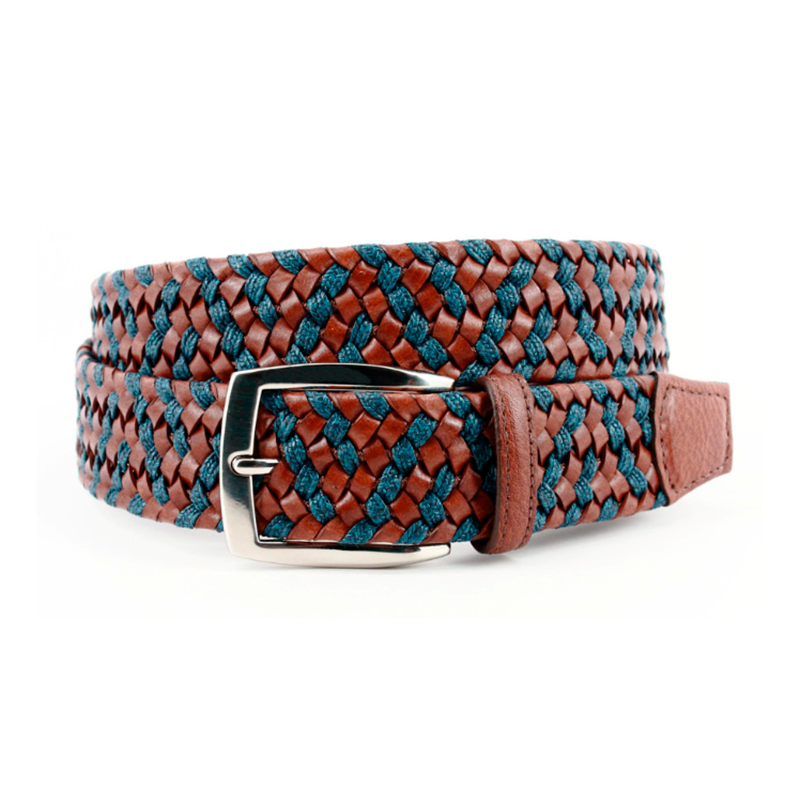 Big & Tall Italian Braided Leather & Linen Casual Belt in Cognac & Navy