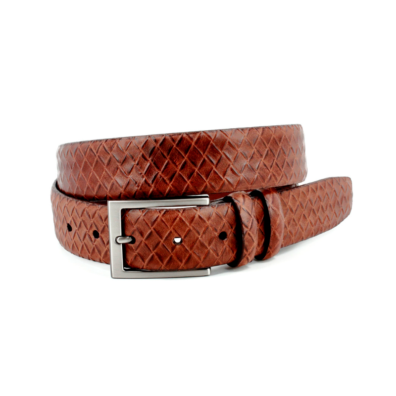 Italian Woven Embossed Calfskin Dress Casual Belt in Cognac