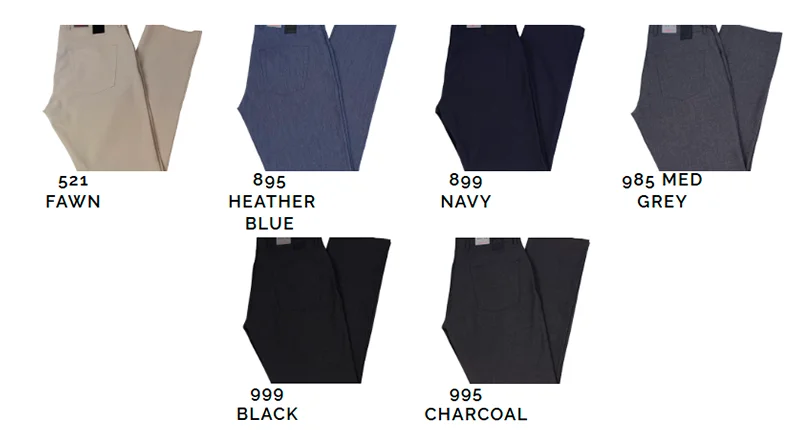 Fabric swatches for pants in fawn, heather blue, navy, medium gray, black, and charcoal colors.