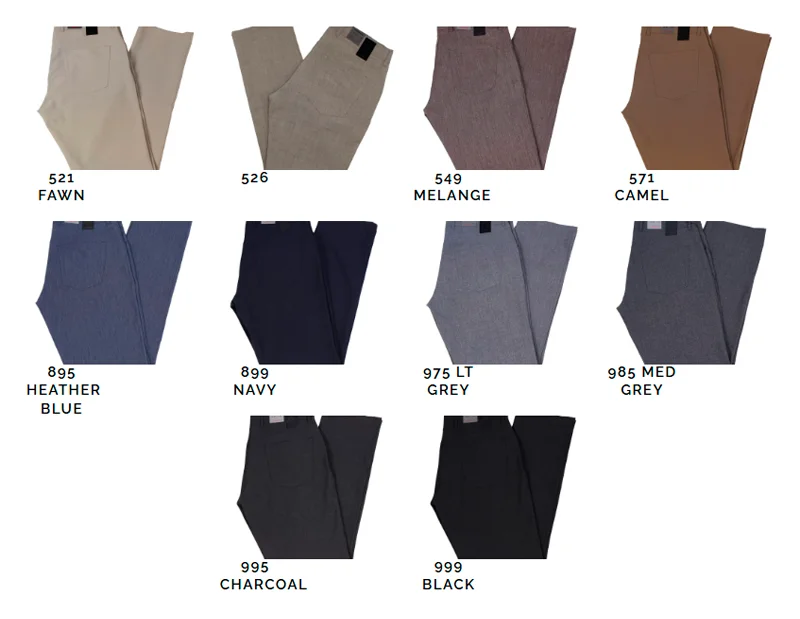 Fabric swatches for pants in fawn, melange, camel, heather blue, navy, light grey, medium grey, charcoal, and black.