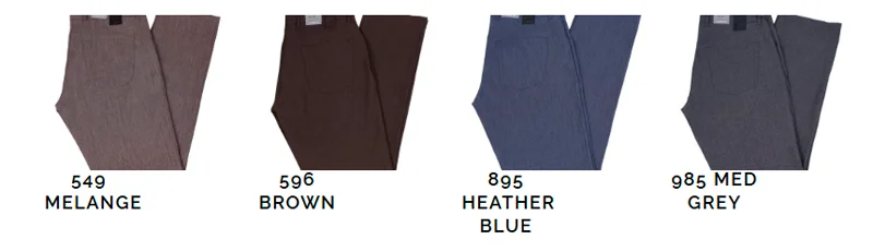 Fabric swatches for pants in melange, brown, heather blue, and medium grey.
