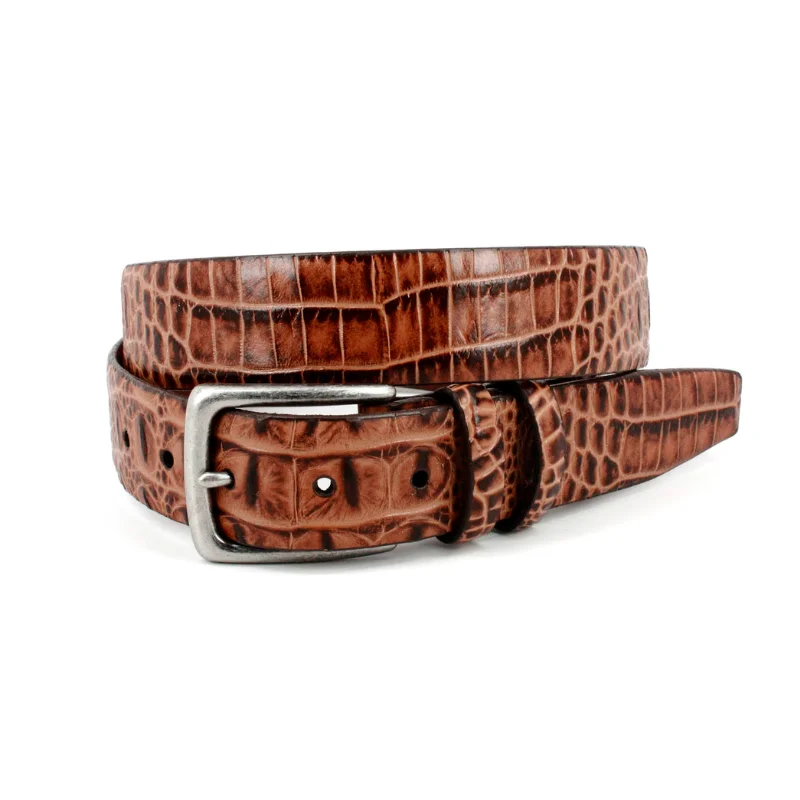 35mm Hornback Crocodile Embossed Calfskin Leather Dress Casual Belt in Cognac