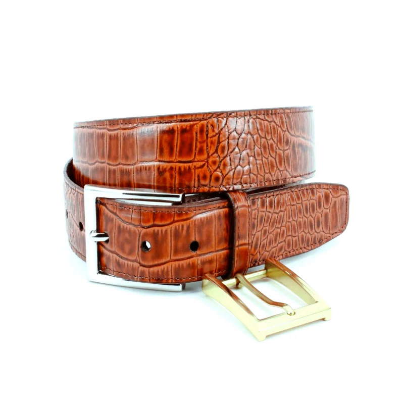 Alligator Grain Embossed Calfskin Belt - Saddle