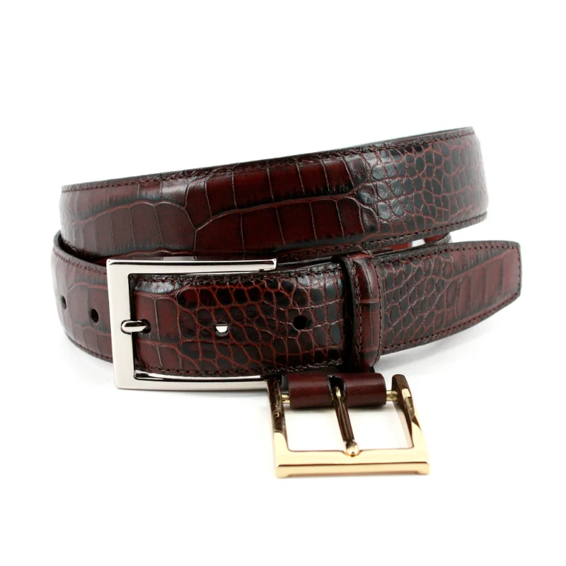 Big & Tall Alligator Grain Embossed Calfskin Belt in Brown
