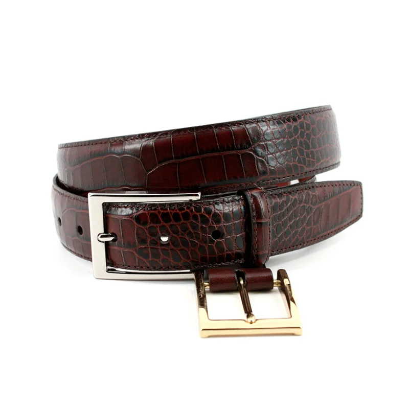 Big & Tall Alligator Grain Embossed Calfskin Belt in Brown