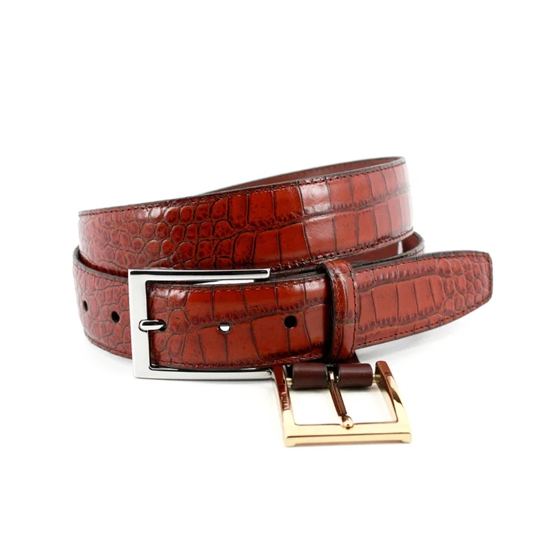 Big & Tall Faux Alligator Grain Embossed Calfskin Dress Belt in Cognac
