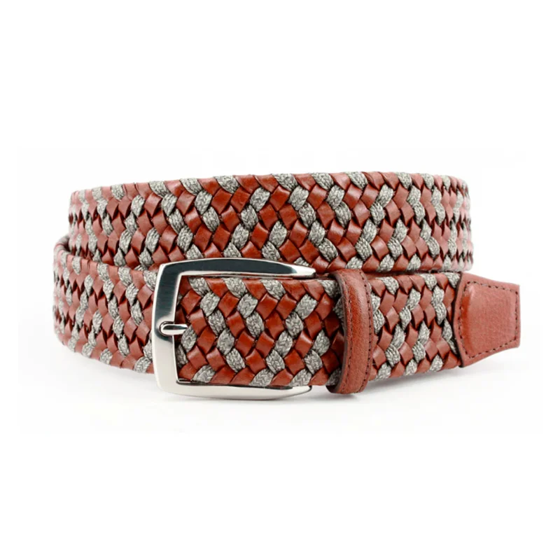 Big & Tall Italian Braided Leather & Linen Casual Belt in Cognac & Taupe