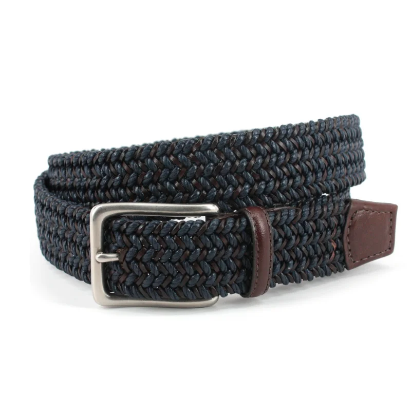 Big & Tall Italian Woven Cotton & Leather Casual Belt in Navy & Brown