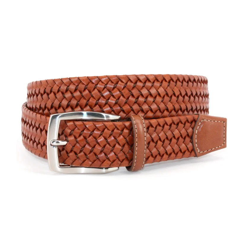 Big & Tall Italian Woven Stretch Leather Casual Belt in Cognac