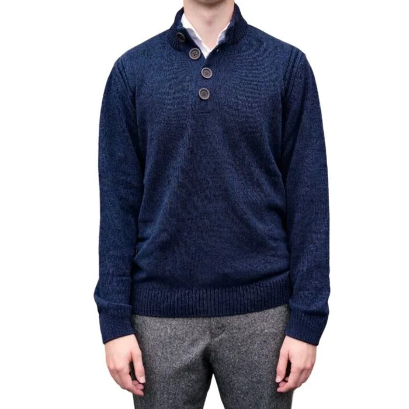 Chenille Cotton Blend Yarn Button Neck Navy Jumper