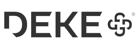 Black DEKE logo with slight transparency on white background.