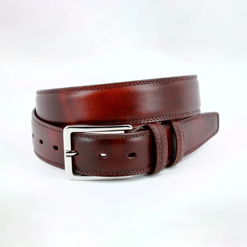 Hand Antiqued Italian Calfskin Leather Dress Belt in Mahogany