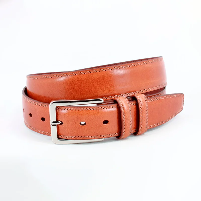Hand Antiqued Italian Calfskin Leather Dress Belt in Saddle