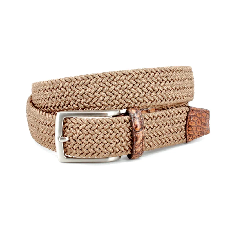 Italian Rayon Stretch Fabric Belt with Genuine Caiman in Camel