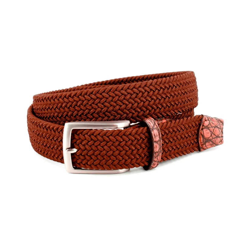 Italian Rayon Stretch Fabric Belt with Genuine Caiman in Cinnamon