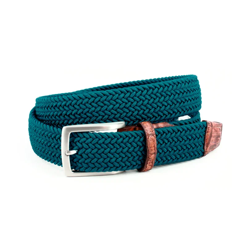 Italian Rayon Stretch Fabric Belt with Genuine Caiman in Teal