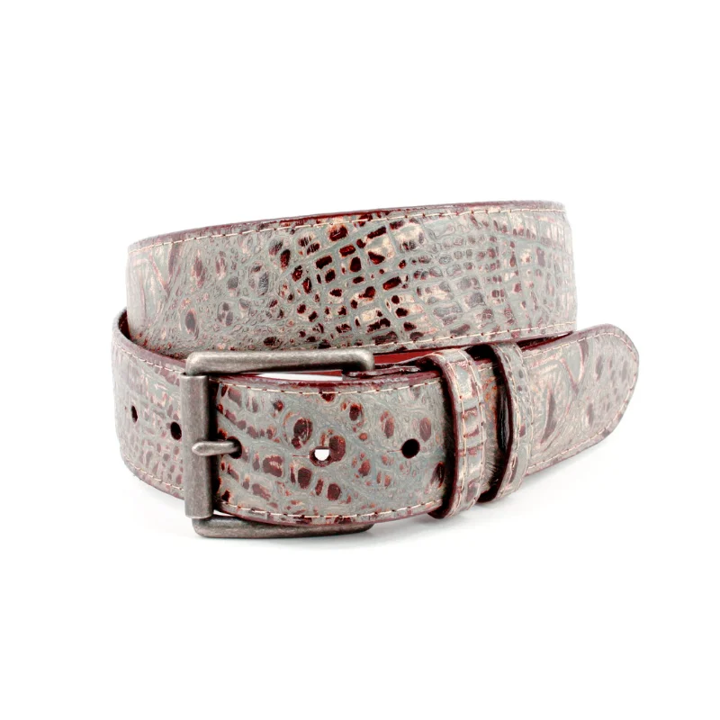 Italian Washed Crocodile Embossed Calfskin Casual Belt in Taupe
