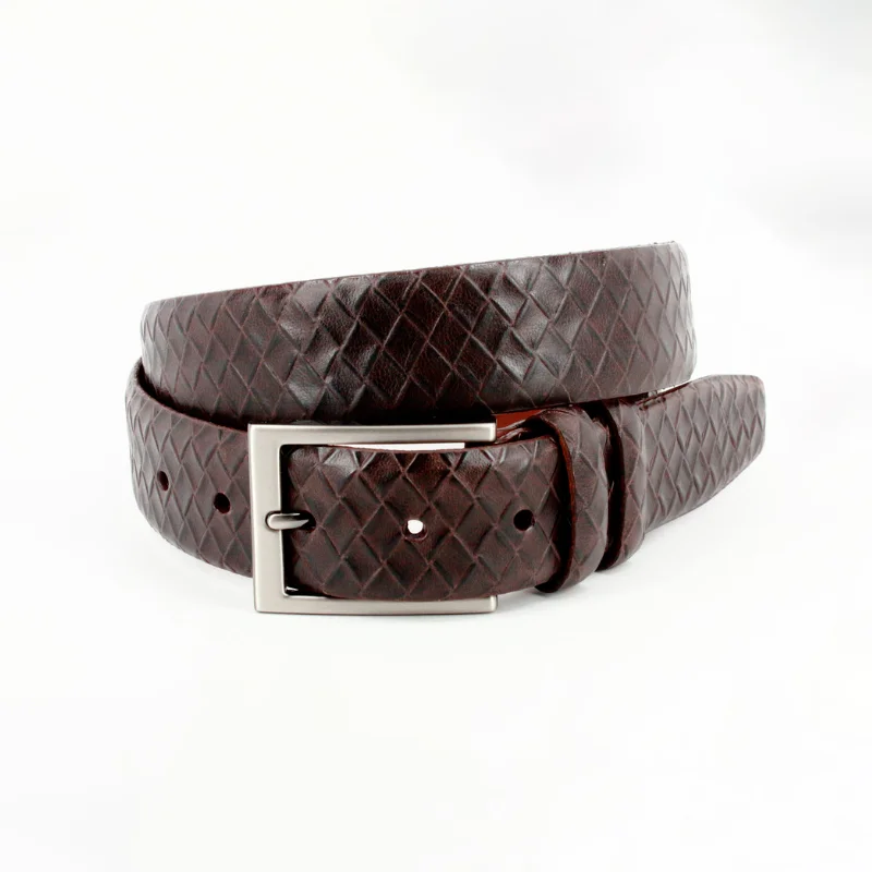 Italian Woven Embossed Calfskin Dress Casual Belt in Brown