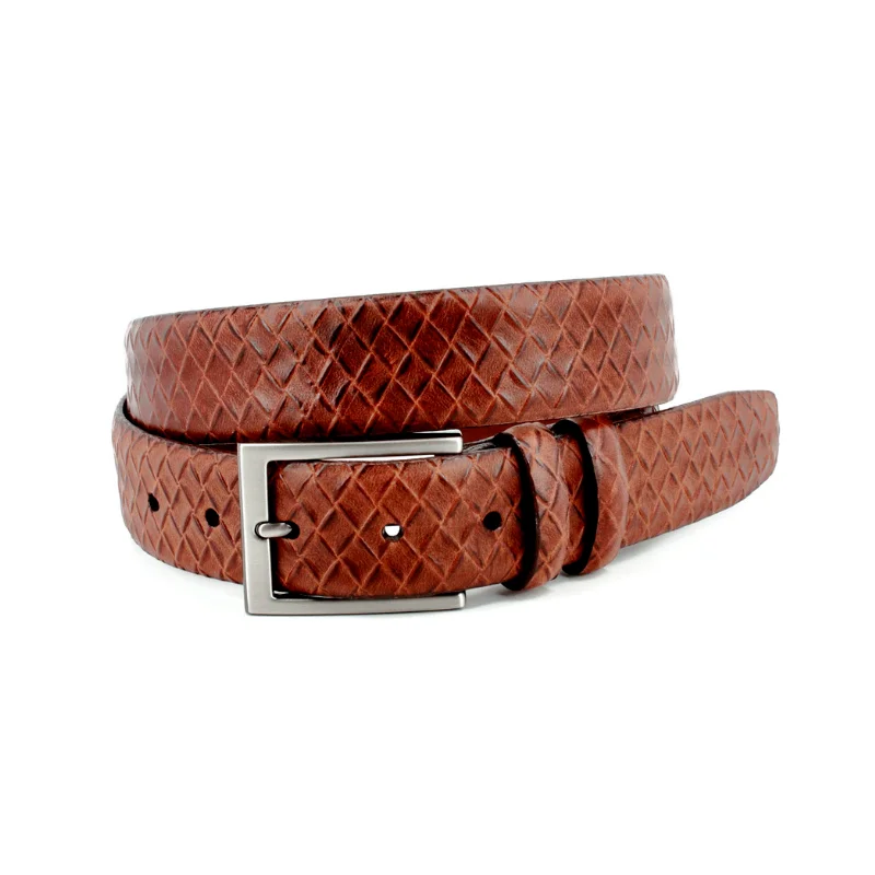 Italian Woven Embossed Calfskin Dress Casual Belt in Cognac