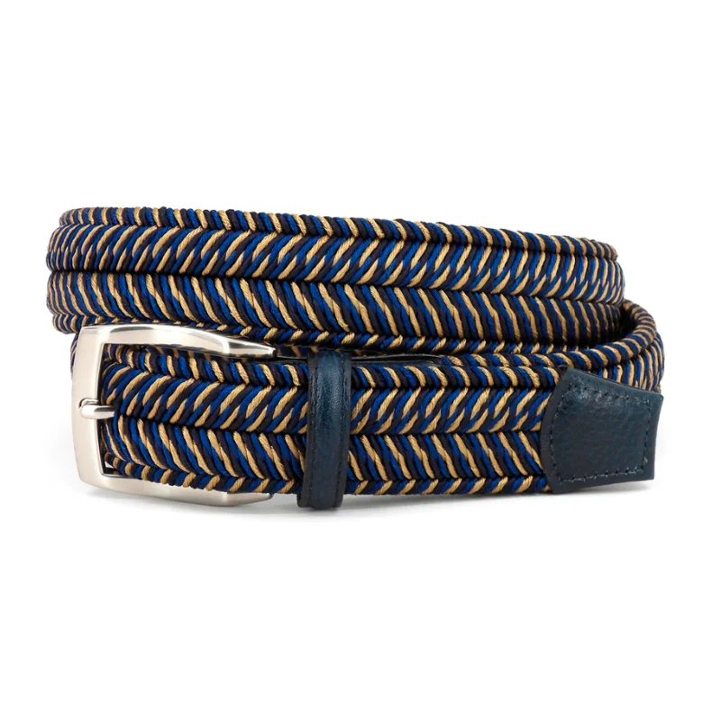 Italian Woven Herringbone Rayon Stretch Belt in Navy & Khaki Multi