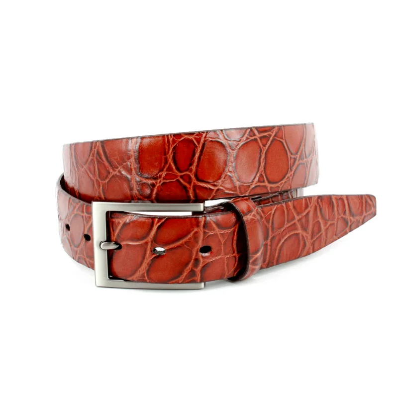 Tortoise Shell Embossed Italian Calfskin Belt in Brandy