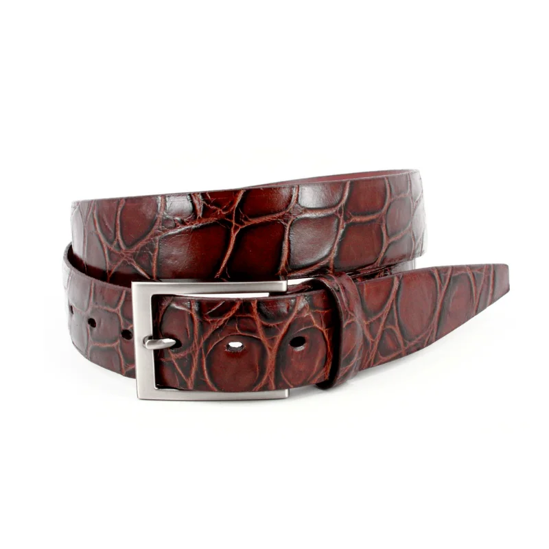 Tortoise Shell Embossed Italian Calfskin Belt in Brown