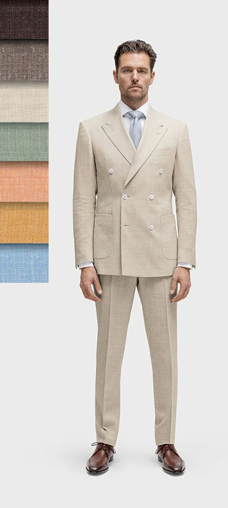 Model in light beige suit, white shirt, gray-blue tie, brown shoes, with fabric swatches in top left corner.