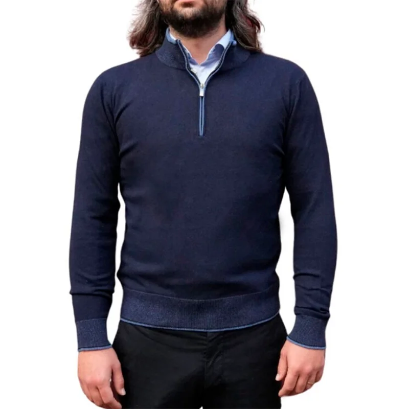 Wool & Cashmere Navy Blue Half Zip Jumper