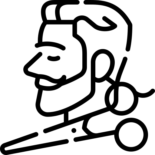 Line icon of male profile with beard, styled hair, and scissors representing men's barber and grooming services.