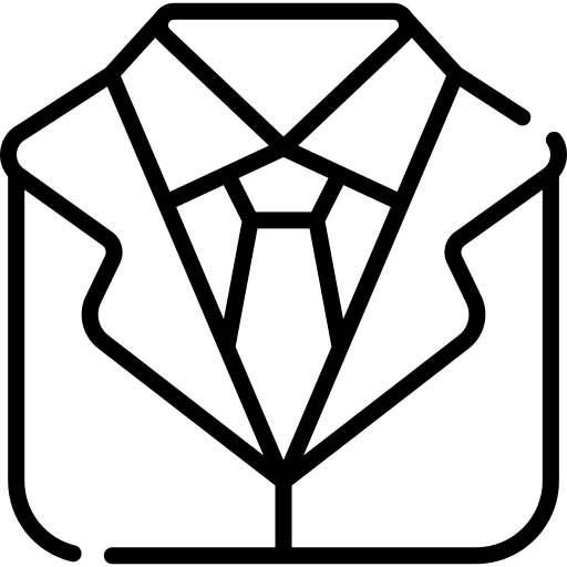 Black and white line icon of suit jacket with shirt and tie representing formal menswear.