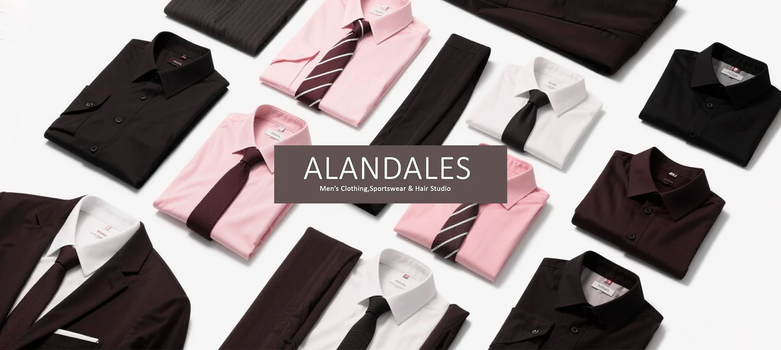 Elegant collection of men’s dress shirts and ties in black, white, and pink tones from Alandales men’s fashion store.