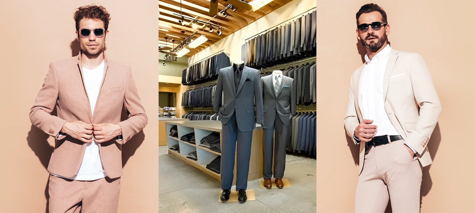 Men wearing modern neutral-toned suits next to a display of formalwear at Alandales men’s fashion store.
